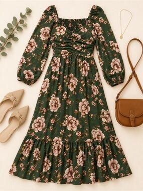 BOG Collective Green Pink Floral Midi Dress Puff Sleeve M  Autumn wedding guest